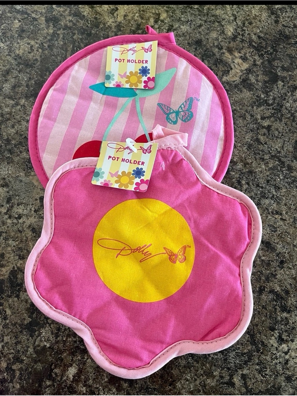 Dolly Parton Pink Flower & Cherries Striped Pot Holders Set